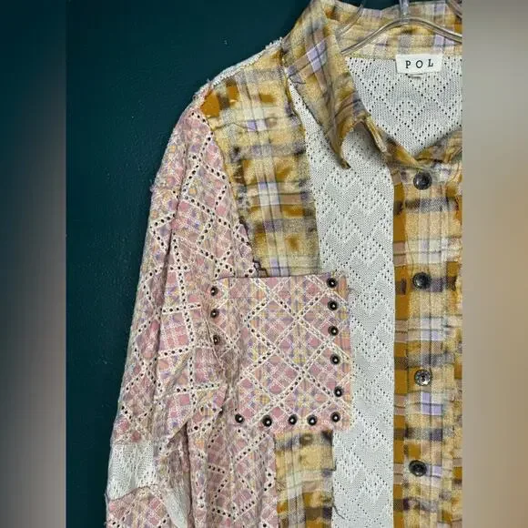 New Pol Boho Patchwork Plaid Multi Color Long Sleeve Oversized Jacket - Picture 6 of 9